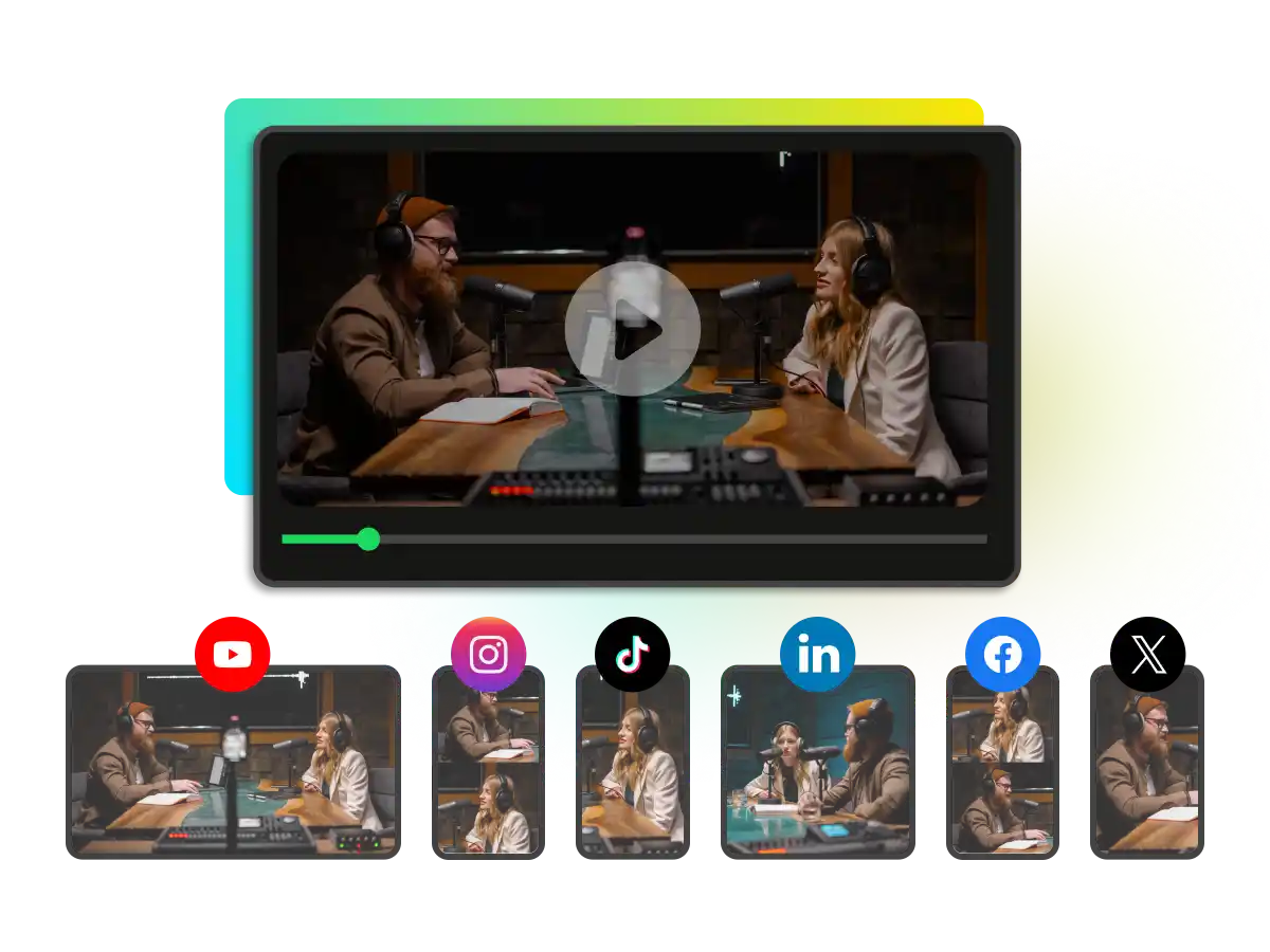 Teknologi AI video reframe yang secara otomatis mengubah video horizontal menjadi beberapa klip 9:16 untuk TikTok dan Reels, sambil menjaga pembicara tetap di tengah.